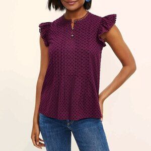 New Loft 100% Cotton Clip Pintuck Flutter Sleeve Top Purple XS